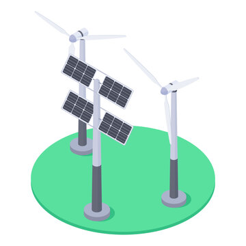 Wind solar power. Wind turbines and tilted solar panels on green platform flat vector illustration. Renewable energy equipment for clean technology design