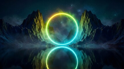 Fototapeta premium Glowing neon circle portal between jagged dark mountain peaks, reflecting in calm water under a starry night sky with nebula clouds