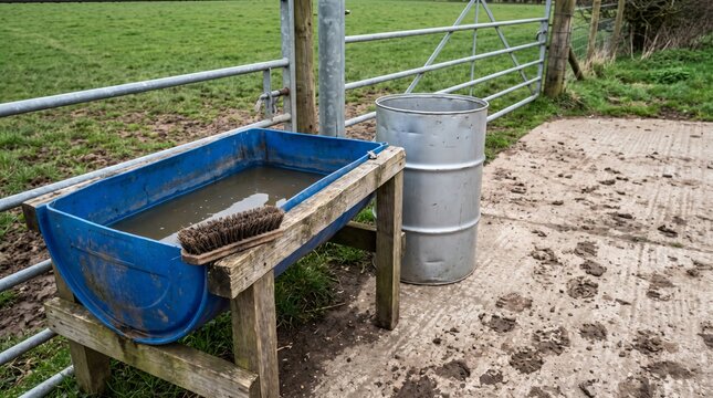 Farm Biosecurity Shown By A Simple Boot Wash Tray And Brush Set At A Field Gate