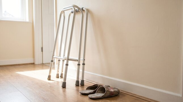 Folded Walking Frame In A Hallway Beside Slippers Showing Independent Living