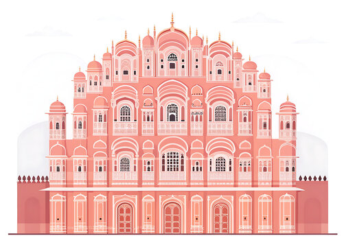 Hawa Mahal, Jaipur  famous pink palace facade with rows of intricate small windows and decorative arches, modern premium flat vector illustration