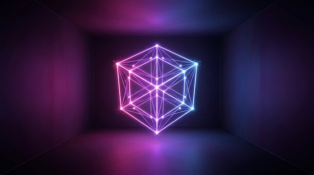 Glowing neon geometric hexagonal cube structure floating in a dark room with pink and blue gradient lighting