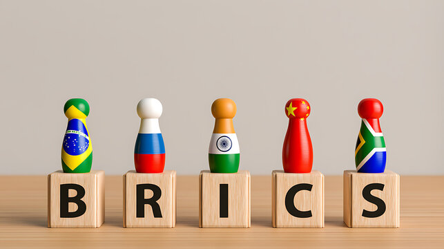 Wooden Peg Dolls Painted with BRICS Country Flags &ndash; Global Economic Alliance, International Cooperation, Trade, Emerging Markets and Multilateral Partnership Concept