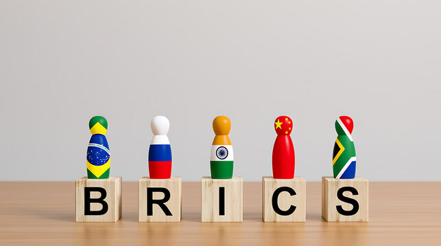 Wooden Peg Dolls Painted with BRICS Country Flags &ndash; Global Economic Alliance, International Cooperation, Trade, Emerging Markets and Multilateral Partnership Concept