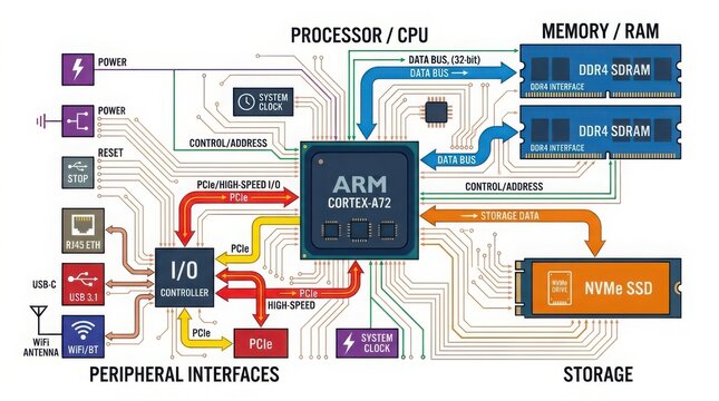 Engineer analyzing PCB signal flow diagram in technical workspace with copy space