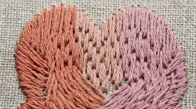 A close up view of a handmade heart shape embroidery design featuring textured pink and peach threads on linen fabric background