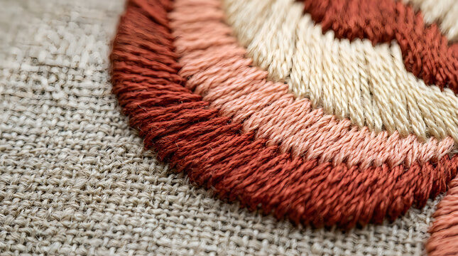 A close up macro shot showing intricate hand embroidery stitching in shades of red and white on a textured linen fabric