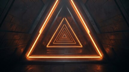 Fototapeta premium Glowing orange neon triangular tunnel with dark metallic textured walls, creating a deep perspective corridor effect in a sci-fi environment