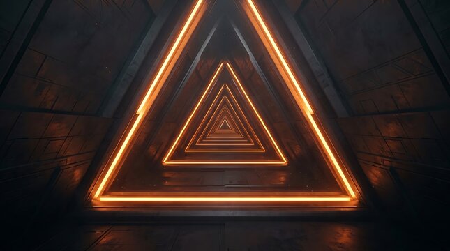 Glowing orange neon triangular tunnel with dark metallic textured walls, creating a deep perspective corridor effect in a sci-fi environment