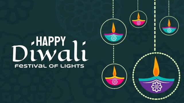 Diwali Celebration. Dark green 4K loop Diwali background with hanging diya lamps in dotted circles, mandala overlays and white text. Ideal for video backdrops, festive promo ads and web banners.