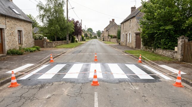 Ready But Not Open, Fresh Crossing Markings Guarded By Traffic Cones In A Village