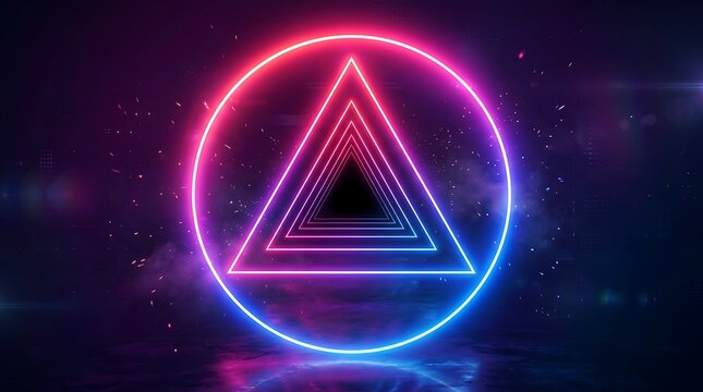 Neon glowing circle frame with a receding tunnel of concentric triangles in pink, purple, and blue light against a dark background