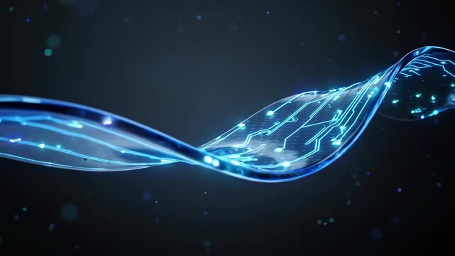 Abstract Digital Circuit Ribbon Flowing with Glowing Data Particles for Technology Backgrounds