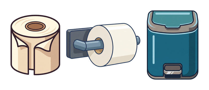 Bathroom accessories set with toilet paper roll, wall holder, and step trash can vector illustration