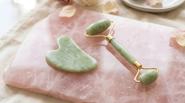Green jade facial roller and heart shaped gua sha tool placed elegantly on a polished pink rose quartz stone surface
