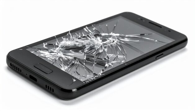 Broken smartphone with cracked glass screen lying on white background