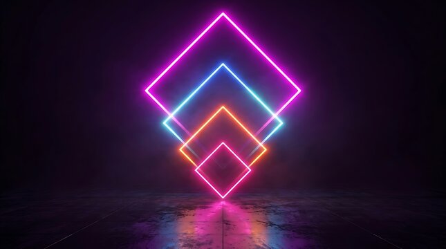 Three nested glowing neon squares in pink, blue, and orange colors, floating above a dark, reflective, textured floor in a dim space