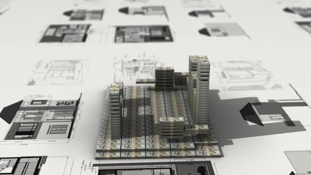 House built from money on architectural blueprints symbolizing real estate investment and wealth