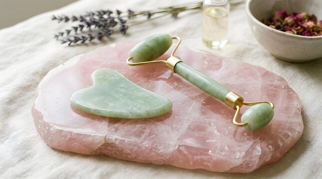 Green jade facial roller and stone gua sha tool placed elegantly upon a large polished rose quartz crystal massage board