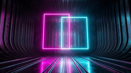 Obraz premium Two overlapping glowing rectangular neon frames, pink and cyan light in a dark metallic tunnel with reflective floor and ribbed walls