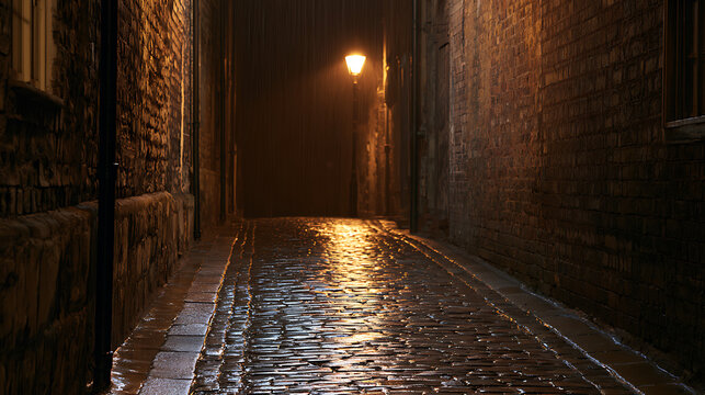 A dark mysterious narrow alleyway at night with old brick walls, wet cobblestone street, and warm glow from vintage street lamp fixture