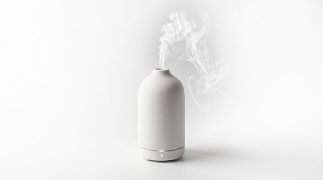 White ceramic essential oil diffuser emitting fragrant cool mist against clean studio background captured with soft bright natural lighting setup