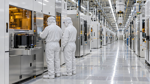 Technicians in 300mm semiconductor wafer fabrication cleanroom