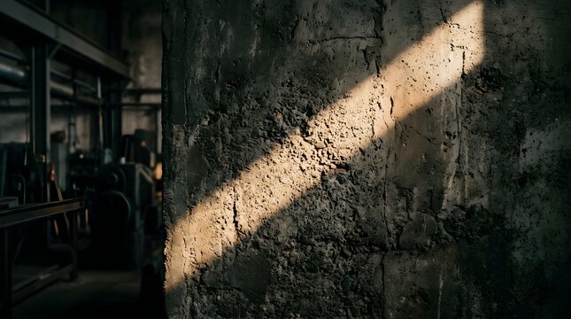 Textured Concrete Wall with Dramatic Sunlight Beam in Dim Industrial Interior