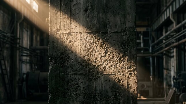 Gritty Concrete Pillar in Industrial Interior with Light Beam
