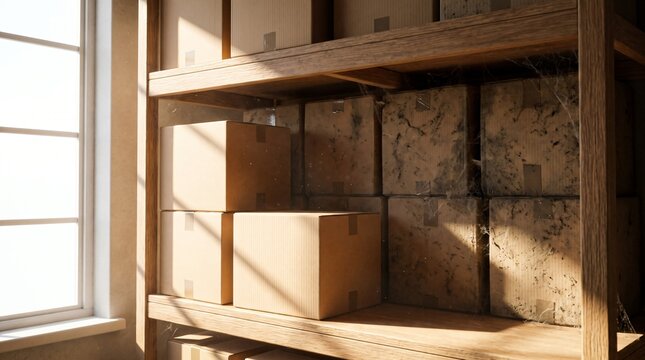 Stale Inventory Concept, Clean Front Boxes And Dusty Forgotten Boxes On A Shelf