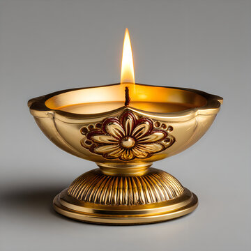 Traditional golden oil lamp diya glowing with a bright flame