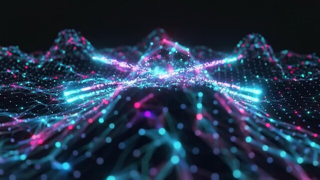Abstract Digital Data Network Animation with Glowing Blue and Pink Particles and Wave Motion