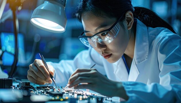 Female aerospace engineer assembling intricate satellite components with precision tweezers beneath magnifying lamp in technology laboratory