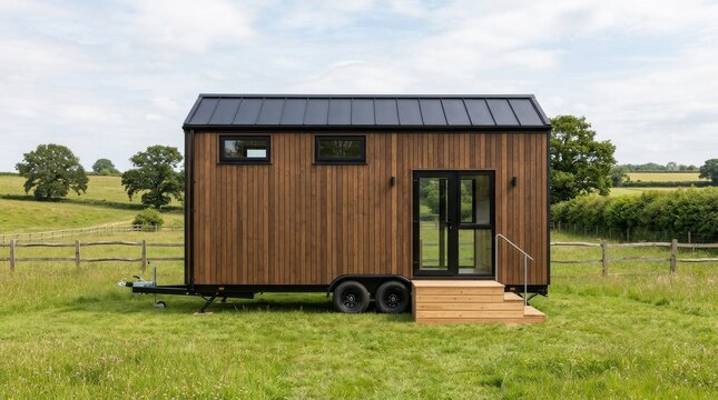 Modern wooden tiny house on wheels parked in a green rural field