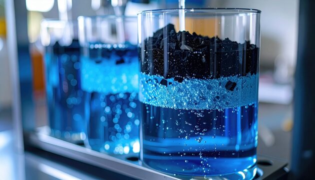 Layered glass filtration system containing charcoal and sand filtering clean blue water during laboratory experiment