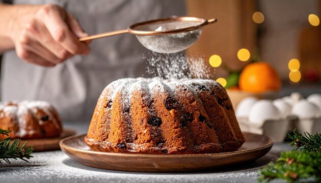 Baker dusting powdered sugar over traditional fruitcake using copper sieve in warm festive kitchen