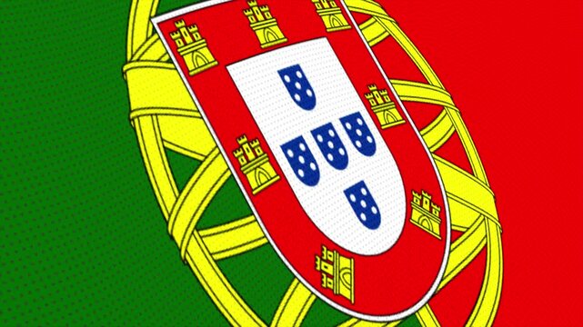 Flag of Portugal waving slowly in the foreground and moving upwards.