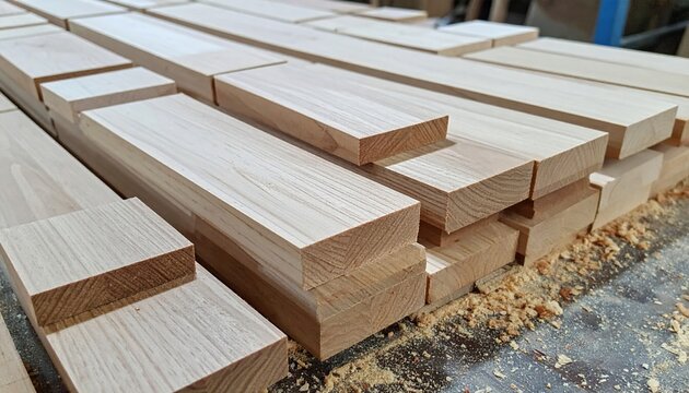Stacked rectangular plywood blocks showing layered wood grain texture on dusty carpentry workshop table
