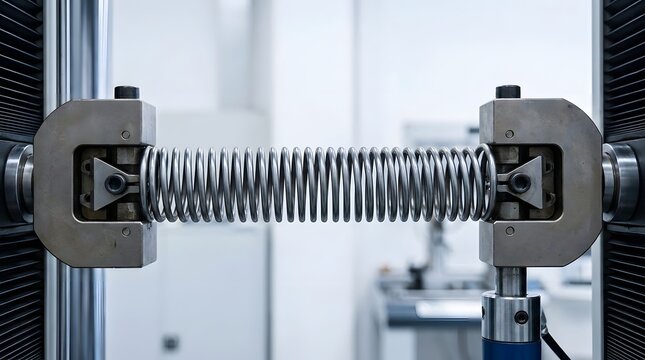 Industrial tensile testing machine stretching metal spring in laboratory with precise measurement setup