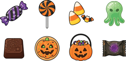 Fototapeta premium Set of sweet halloween candy and spooky treats vector illustration collection
