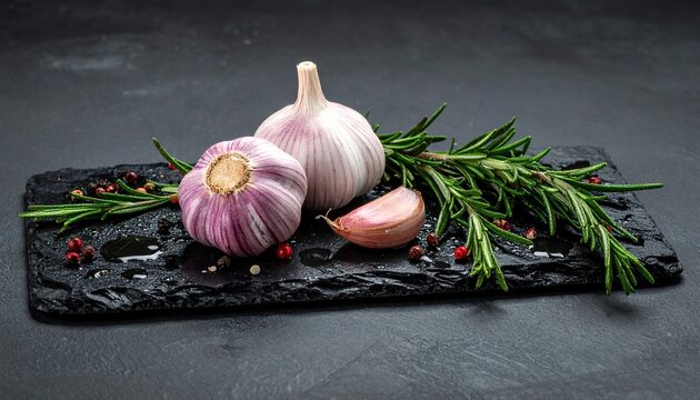 Fresh garlic bulbs, rosemary sprigs, peppercorns and olive oil droplets arranged on rough black slate board