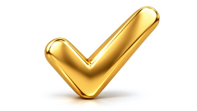 A sleek, 3D shiny golden check mark symbol isolated on a clean white background, representing success, approval, achievement and correct choice