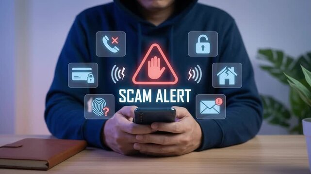 Hooded person views scam alert icons floating above a smartphone on transparent background cybersecurity digital threat warning