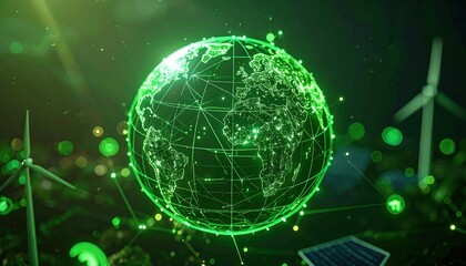 Fototapeta premium Glowing green wireframe Earth surrounded by renewable energy icons including wind turbines and solar panels