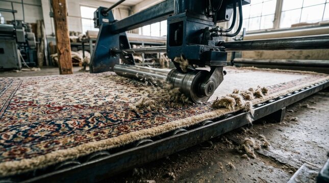 Industrial machine shaving and processing handmade rug in textile workshop