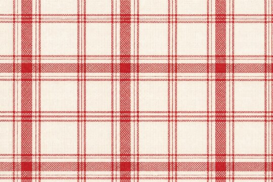 Red plaid tartan pattern on cream textured fabric background