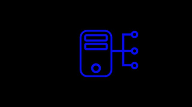 Blue neon computer server icon with network connection lines for technology concepts