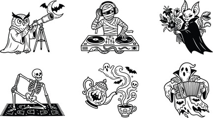 Fototapeta premium Set of whimsical spooky line art characters and funny elements vector illustration collection