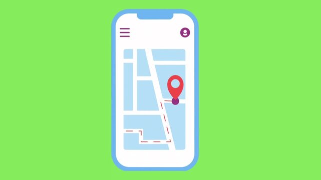 Smartphone GPS map navigation and route tracking animation