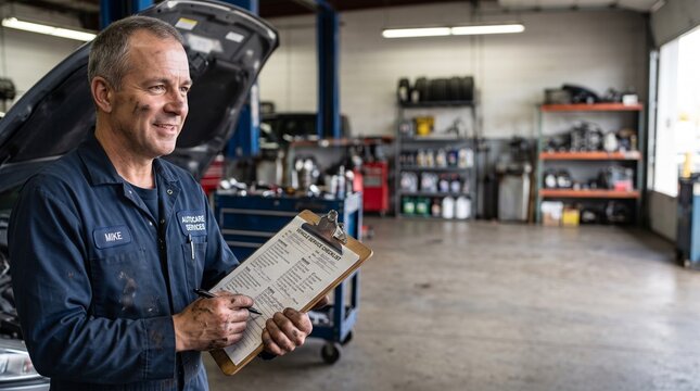 Auto repair service concept with mechanic writing maintenance checklist on clipboard to estimate car repair cost at workshop garage